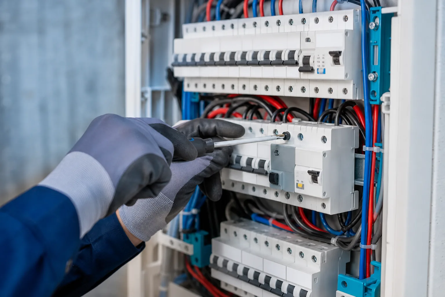 Électricien intervenant sur un tableau électrique