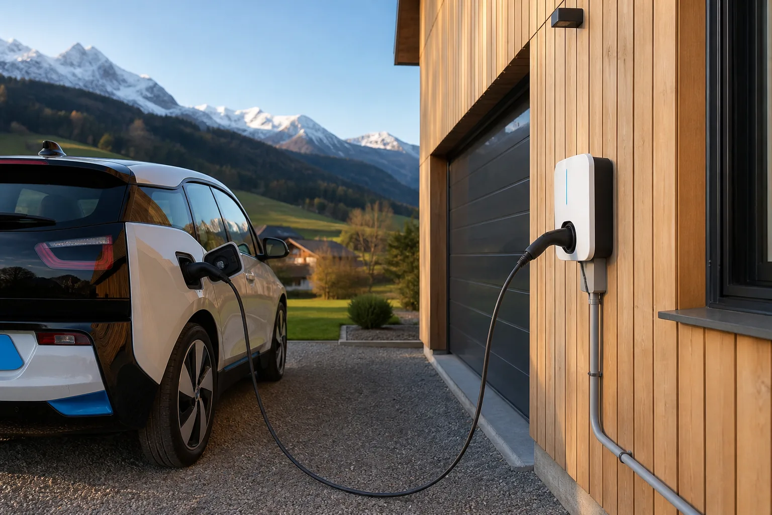 Borne de recharge murale installée sur une maison du Chablais, montagnes en arrière-plan
