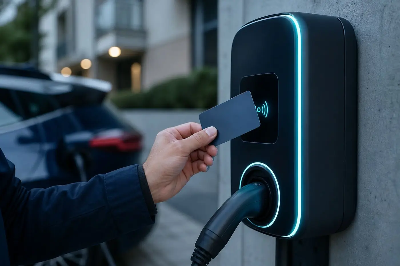 Salarié qui présente son badge RFID sur une borne de recharge murale