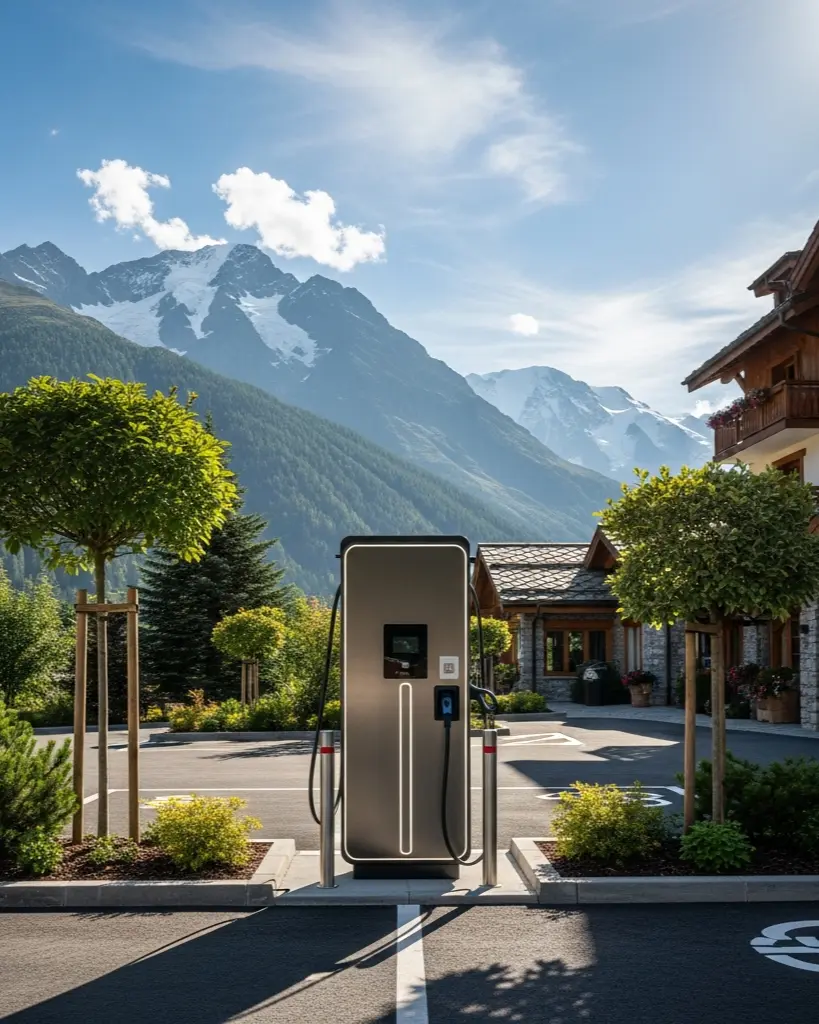 Borne de recharge sur pied sur le parking d'un hôtel de montagne